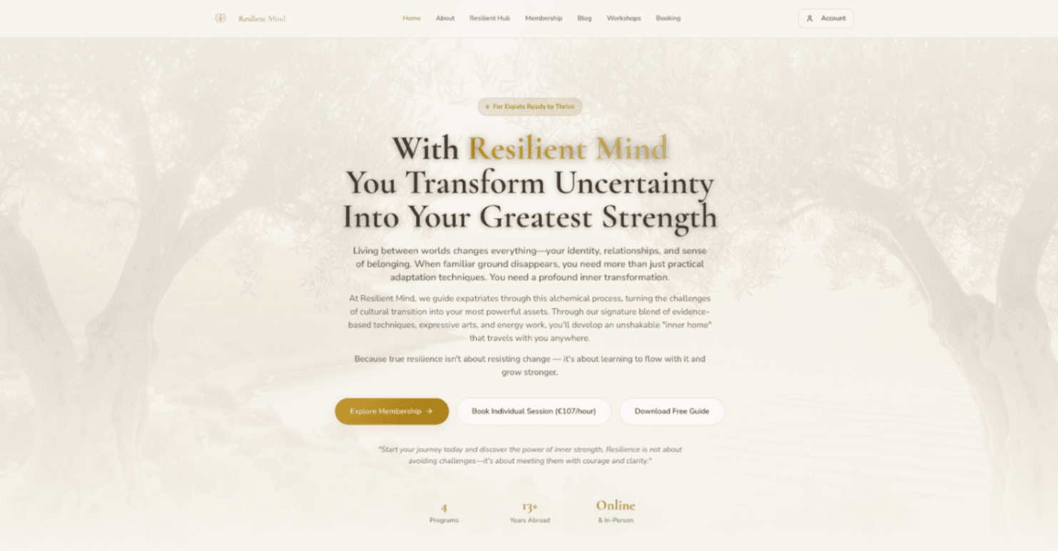 Resilient Mind – prémiový web pro koučink a membership pro expaty